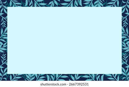 Un fondo azul pálido minimalista con un borde de hojas azul oscuro y verde azulado.