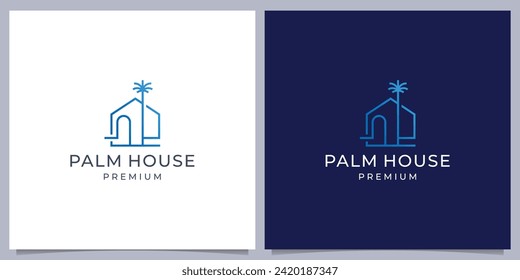 minimalist palm home logo vector template inspiration. A line art icon logo of a house with a palm tree