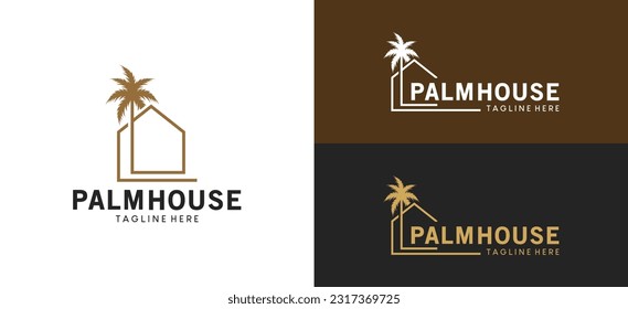 Minimalist palm tree house logo design with creative line style svg