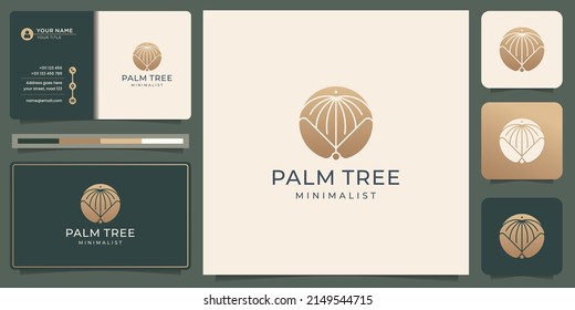 inspiraciones minimalistas en el diseño del logo de la palmera con tarjeta de visita y estilo de concepto de color dorado.