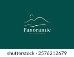 Minimalist Panoramic Luxury Logo Featuring Hills, River, and Sunrise in a Natural Landscape