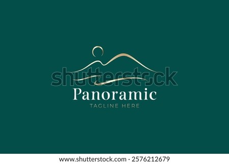 Minimalist Panoramic Luxury Logo Featuring Hills, River, and Sunrise in a Natural Landscape