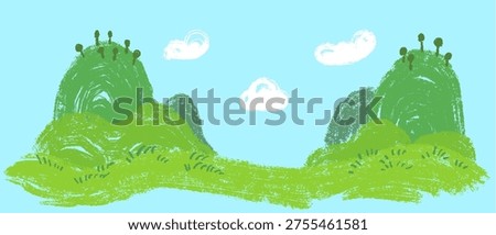 Minimalist panoramic vector landscape featuring several green hills with small trees and white clouds on light blue sky. Scribble background for children book or game in cartoon doodle style made from pencil, marker or chalk crayon.