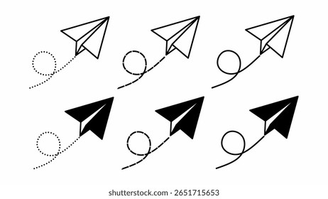 Ícone minimalista de avião de papel com trajetórias de voo curvas em estilos pontilhados, tracejados e sólidos. Inclui seis variações em ambos os esquemas e preenchidos. Ideal para comunicação, entrega, start-up.