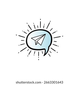 Minimalist Paper Airplane in Speech Bubble with Radiating Line Art Design