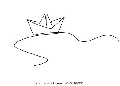 Minimalist paper boat design in continuous one line drawing isolate outline vector illustration