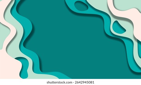 minimalist paper cut beach background vector in white and teal waves