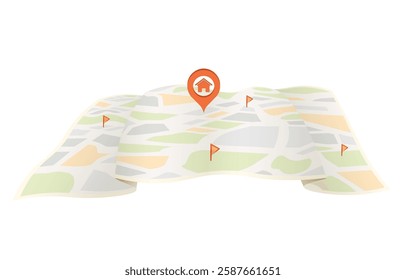 Minimalist paper map with GPS destination pins. Travel concepts. Vector illustration tracking applications