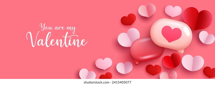 Minimalist Papercut Valentine's Day Background with Hearts and Speech Bubble - 3D Vector Illustration