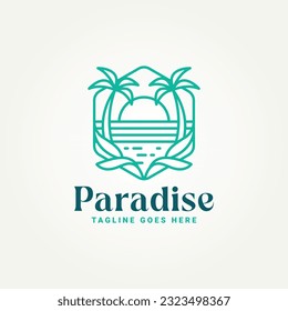 minimalist paradise beach line art badge icon logo template vector illustration design. simple modern villa resort, hotel, vacation emblem logo concept