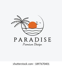 Minimalist Paradise Island, Palm Tree Logo Illustration, Vector of Coconut Tree Line Art Concept, Circle Ocean Template