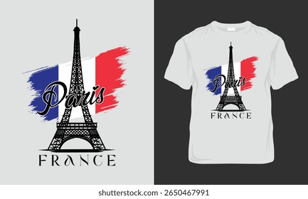 Design minimalista da T-shirt da Torre Eiffel de Paris com bandeira francesa