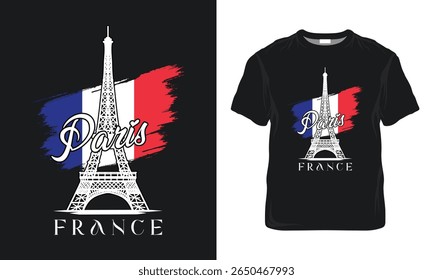 Design minimalista da T-shirt da Torre Eiffel de Paris com bandeira francesa