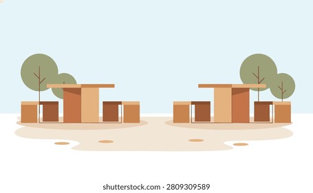 Minimalist park picnic area with two simple wooden tables and benches surrounded by clean circular green trees.