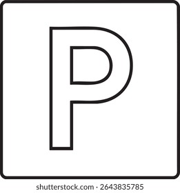 A minimalist parking sign icon. It features a black outline of the letter P inside a square frame on a white background.