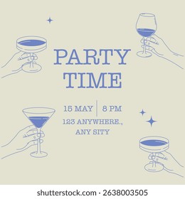 Minimalist party poster with hands holding glasses and the text “Party Time.” Perfect for invitations, flyers, events, and celebrations.