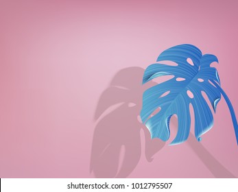 Minimalist pastel blue split leaf Philodendron on blue background with shadow