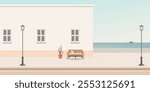 Minimalist pastel building at seaside with a cat sitting on bench have light blue sky background graphic illustration.