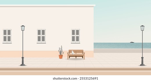 El edificio pastel minimalista en la playa con un gato sentado en el banco tiene una ilustración gráfica de fondo de cielo azul claro.