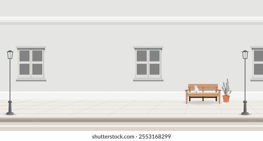 Minimalist pastel building and sidewalk have a cat sitting on bench graphic illustration.