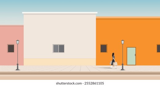 Minimalist pastel building with a woman holding a lot of shopping bags walking on the sidewalk  graphic illustration.