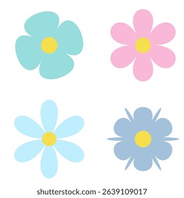 Minimalist pastel flat flower icon set. 4 cute cartoon floral elements. Vector Illustration