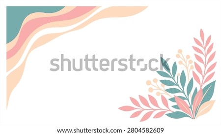 Minimalist pastel floral background with abstract waves and botanical leaves. Flat vector illustration EPS 10.