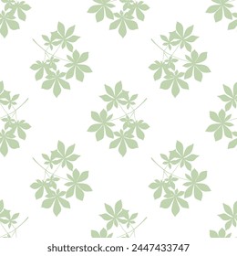 Minimalist pastel floral seamless pattern, tree branches or chestnut twigs with leaves of light green color on white background. Vector illustration for wallpaper, fabric or package design and print. svg