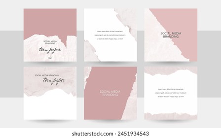 Minimalist pastel pink purple templates set with ripped torn paper texture, for social media post. Beauty, cosmetics, makeup or skin care concept