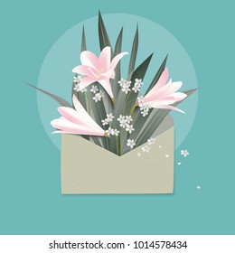 Minimalist pastel pink rain lilies flowers with leaves in envelope on blue background