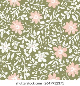 Padrão floral minúsculo rosa pastel minimalista e verde sábio. em tecido de linho padrão de impressão, algodão, seda, ilustração vetorial, verão rabiscar, crianças e desenhos de bebê para tecido impresso.