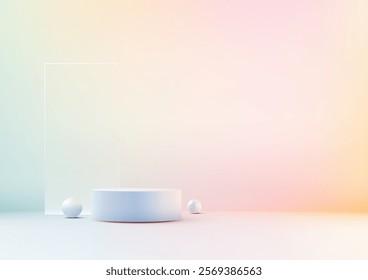 Minimalist pastel podium scene featuring a white cylinder and spheres set against a soft gradient backdrop. Perfect for product displays, mockups, and artistic compositions.