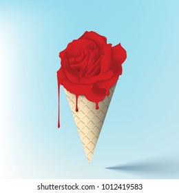 Minimalist pastel red rose melting in ice cream con on blue background