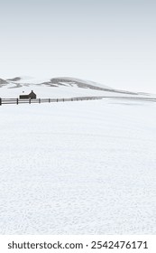 Paisagem de pasto minimalista e casa de campo no inverno coberto com neve branca ilustração gráfica modelo vertical têm espaço em branco.