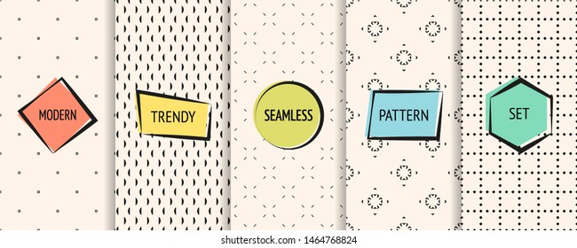 Minimalist pattern collection. Vector geometric seamless textures with small elements, dots. Set of black and white minimal abstract background swatches with modern colorful labels. Repeat design