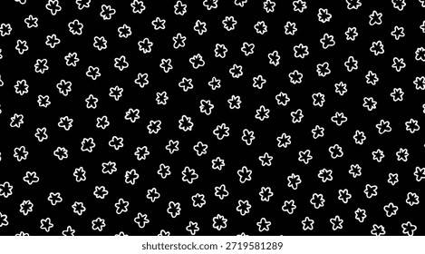 A minimalist pattern of delicate white flower outlines scattered across a stark black background, creating a visually striking and versatile graphic resource ideal for various design applications
