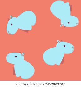 Minimalist pattern depicting simple blue capybaras on a reddish background