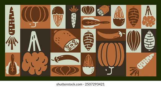 Minimalist pattern design depicting a collection of vegetables, with vintage and retro colors