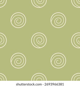 Padrão minimalista com espirais uniformemente espaçadas, simples e circulares em bege macio e cremoso contra o fundo calmo, verde-oliva ou cáqui, criando uma estética orgânica e calmante.