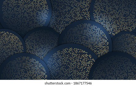 Minimalist pattern gold dots luxury abstract background. Geomtric blue circle with glitter design. Vector eps10.