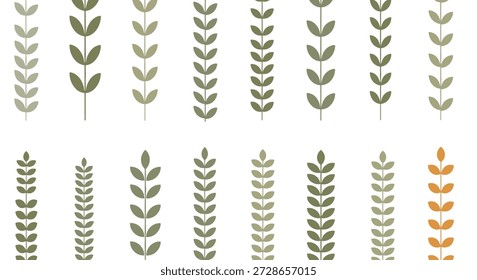 Patrón minimalista de ramas de hoja en tonos de verde con una única rama naranja contrastante que destaca del resto.