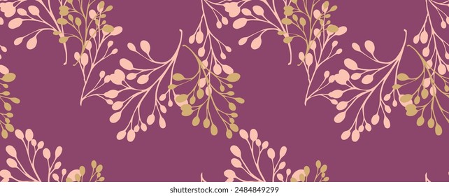 Minimalist pattern with shapes abstract branches on a purple background. Vector hand drawing sketch. Plain unique floral stems intertwined in a seamless print. Design for fashion, fabric, wallpaper