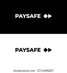Minimalistisches Pay-Safe-Text-Logo mit geometrischem Doppelpfeil-Symbol in schwarz-weißem Design, sauberes modernes Branding für digitale Zahlungen