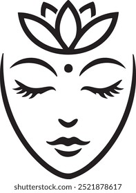 Minimalist Peaceful Face with Lotus Symbol, Meditative Line Art