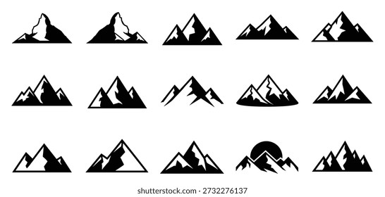 Colección de Vector minimalista. Formas montañosas nevadas y contornos de la cumbre. Naturaleza de iconos paisajísticos para escalada y senderismo de marca.