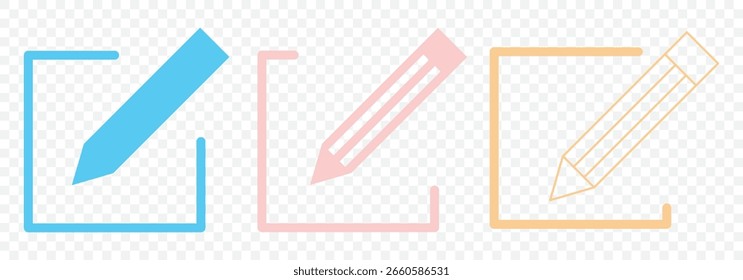 Minimalist Pencil and Edit Button Icons – Design Tools Set. Creative Edit Tools Icon Pack – Isolated Vector Elements on Transparent Background. EPS 10.