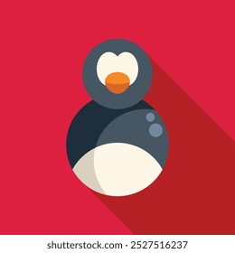 Minimalist penguin icon in flat design style with long shadow on red background