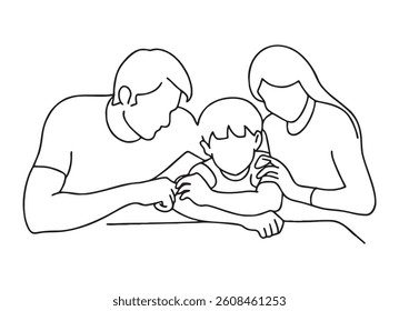 Minimalist People Family Caring Child. A simple line art depicts a mother and father comforting or caring for their child at a table.