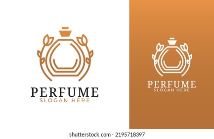 Minimalist perfume logo design. Bottle perfume with floral and plant concept. Line art vector style