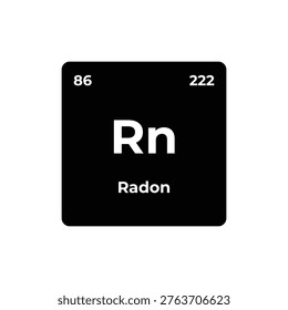 Minimalist periodic table tile of radon element with atomic number 86, symbol Rn, and atomic mass 222 on a black background, modern chemistry design.